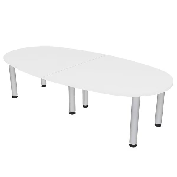 8Ft Boat-Oval Shaped Conference Table with Silver Post Legs, 8 Person Table, White, Skutchi Designs, Mfr#: HAR-BOVL-46X93-PT-09
